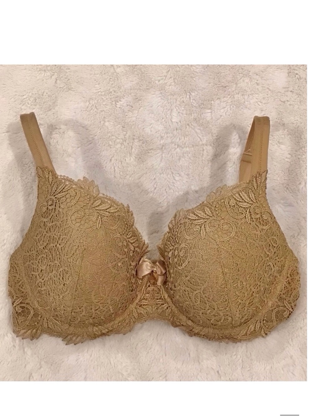 Soma 36D Lace Bra Underwire Padded Cups Gold Color Bow W/ Faux Gemstone